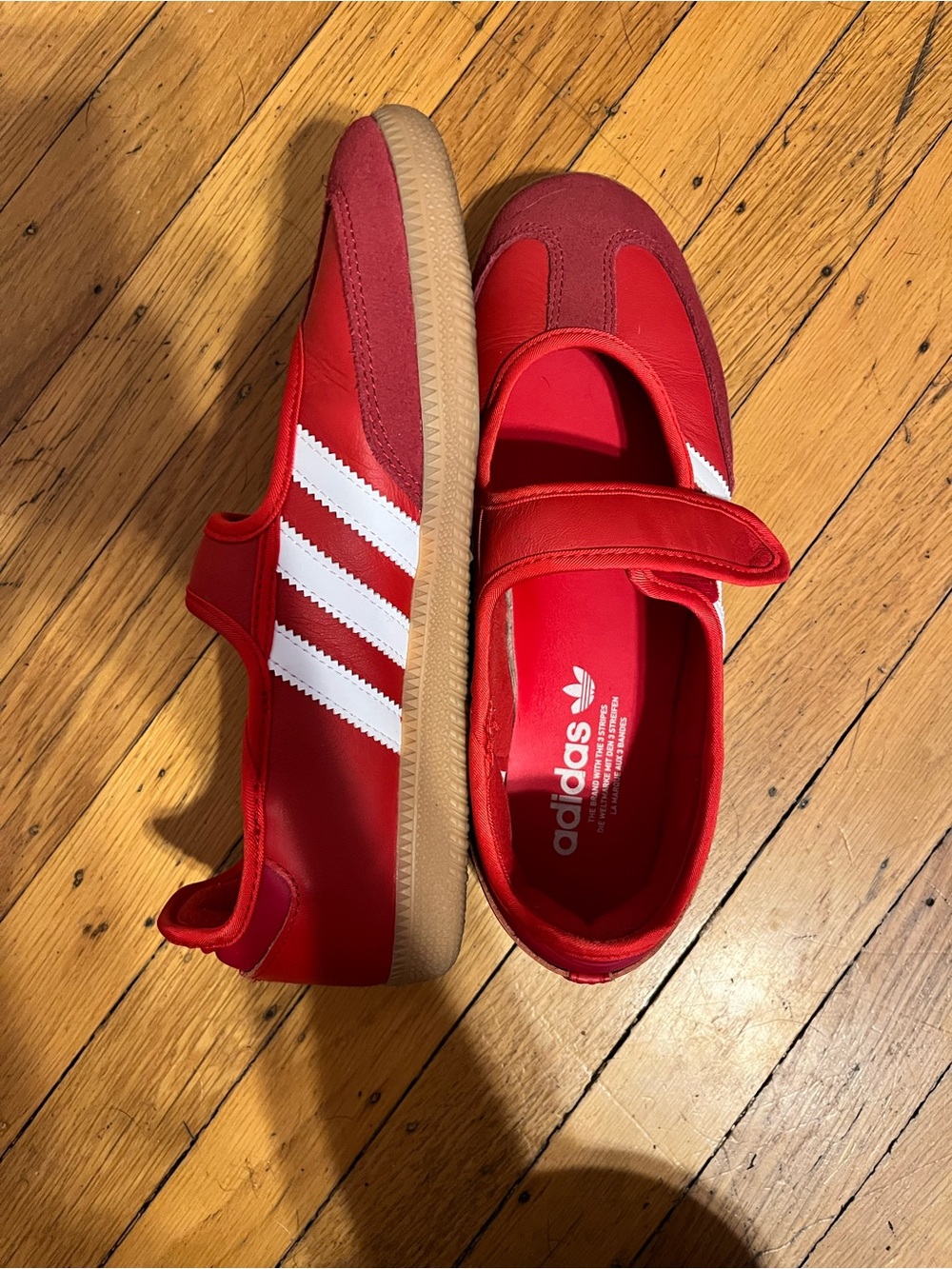 adidas Kids Red Mary Jane Sneakers with White Stripes - Picture 2 of 5